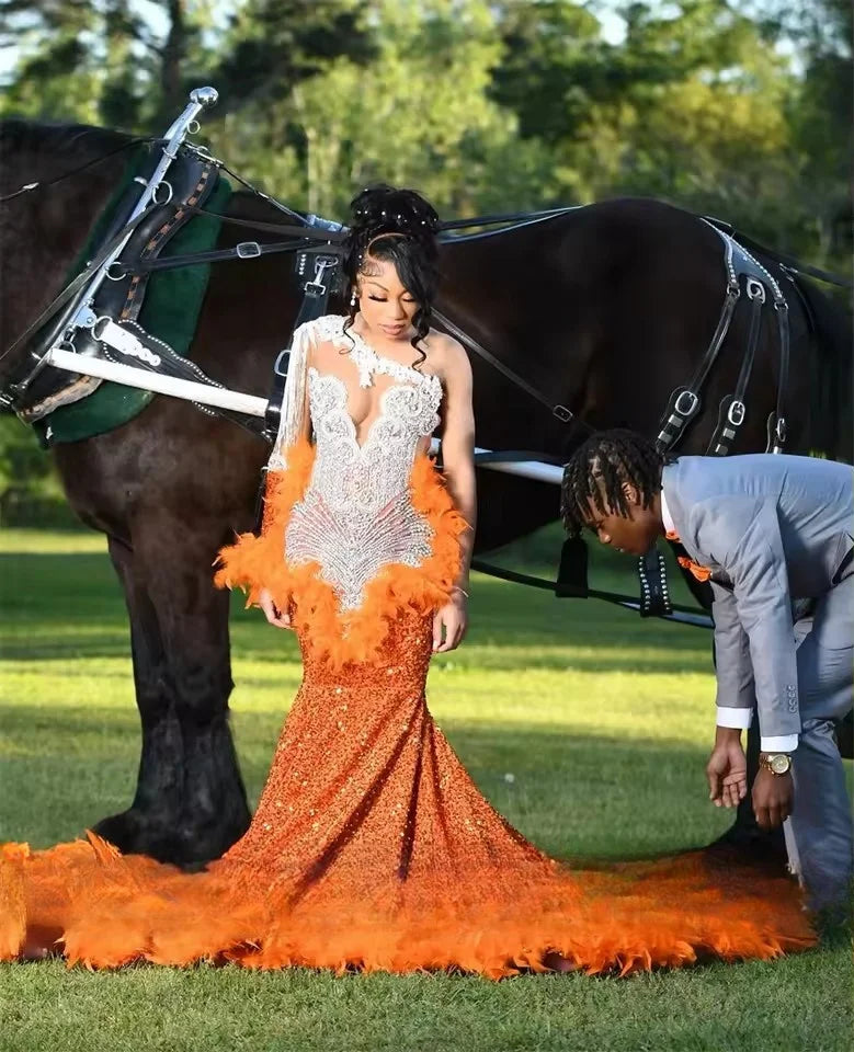 Glitter Orange Mermaid Prom Dresses 2025 Crystal Beading Sequins Gown Birthday Party Gown For Black Girls Customized