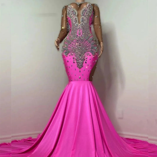 Fuchsia African American Long Prom Dresses For Black Girls Mermaid Sheer Beaded Crystals Women Party Evening Gown Customized