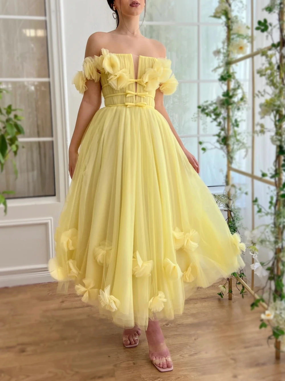Elegant Yellow Midi-length A Line Evening Dress Off the Shoulder Party Prom Charming Customized Special Occasion Cocktail Gown