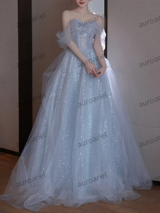 Customized Customized Blue Luxury Shinny Strapless Evening Party Dress Elegant Simple
