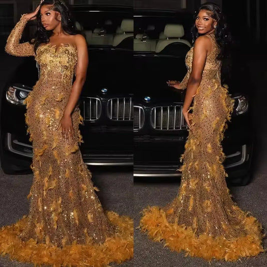 Shiny Gold Prom Dresses Custom Sexy Sheer Neck Beads Feather Evening Gowns Mermaid Sleeveless Beading Arabic Formal Party Gowns