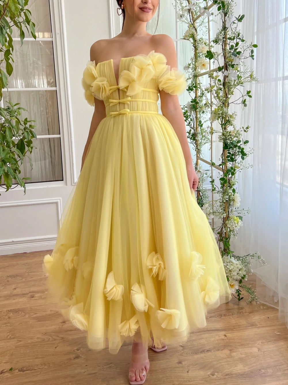 Elegant Yellow Midi-length A Line Evening Dress Off the Shoulder Party Prom Charming Customized Special Occasion Cocktail Gown
