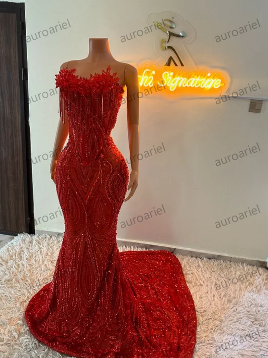 Customized Red Long Prom Dresses Black Girls Beaded Crystal Birthday Party Gowns Mermaid Evening GownsRed Sheath Long Prom Dres