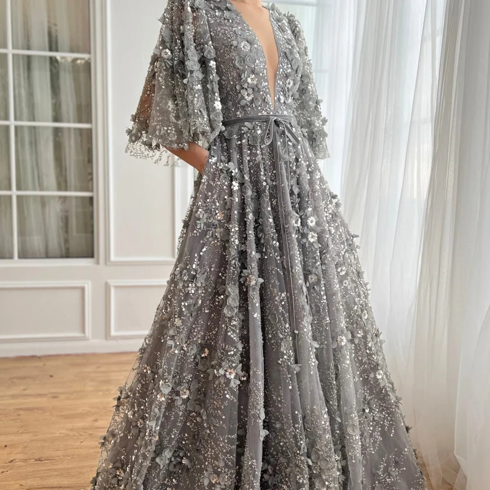 Customize Gray Sequins 3D Flowers Lace robes de soirée V Neck Sash Prom Dresses Floor-Length Short Sleeves Wedding Dress