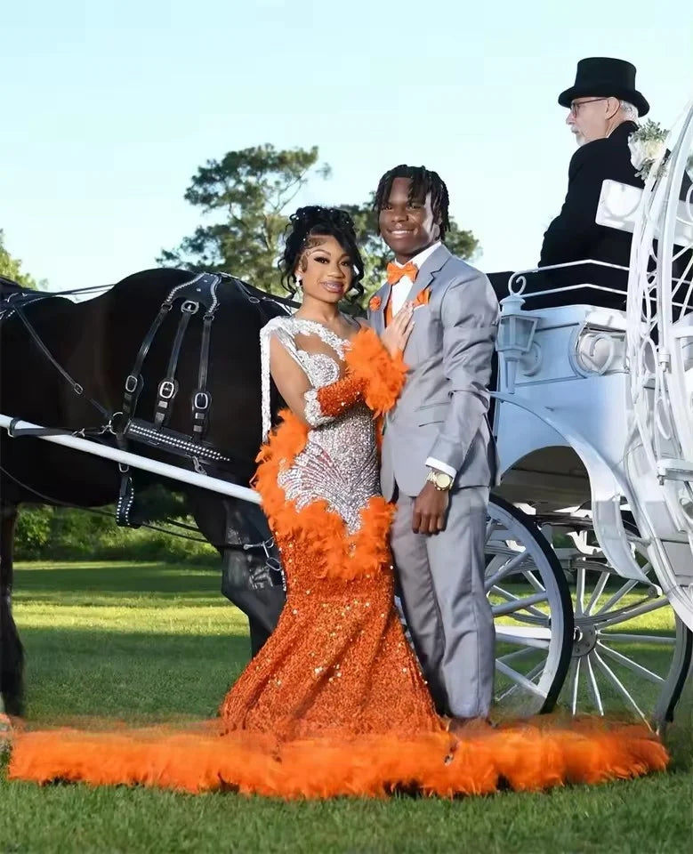 Glitter Orange Mermaid Prom Dresses 2025 Crystal Beading Sequins Gown Birthday Party Gown For Black Girls Customized