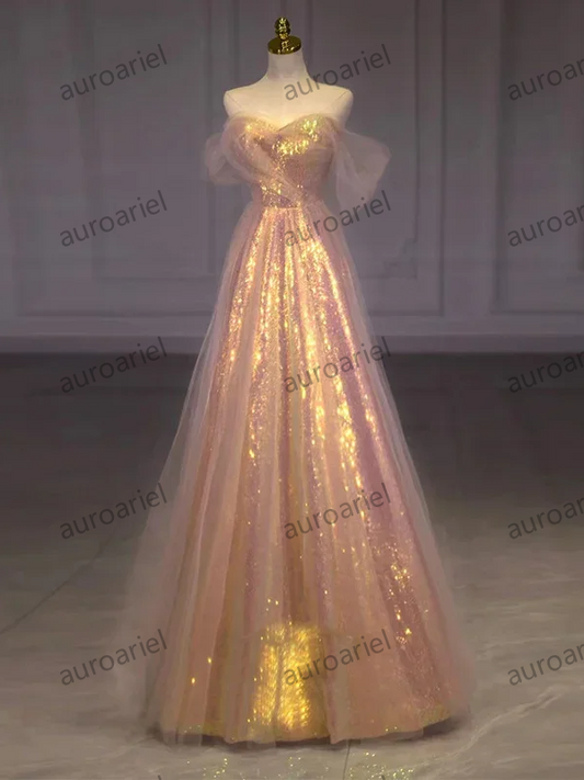 Customized Bling Pink Elegant Sweet Evening Dresses Summer Boat Neck Slim Waist Mesh Design Tiered Prom