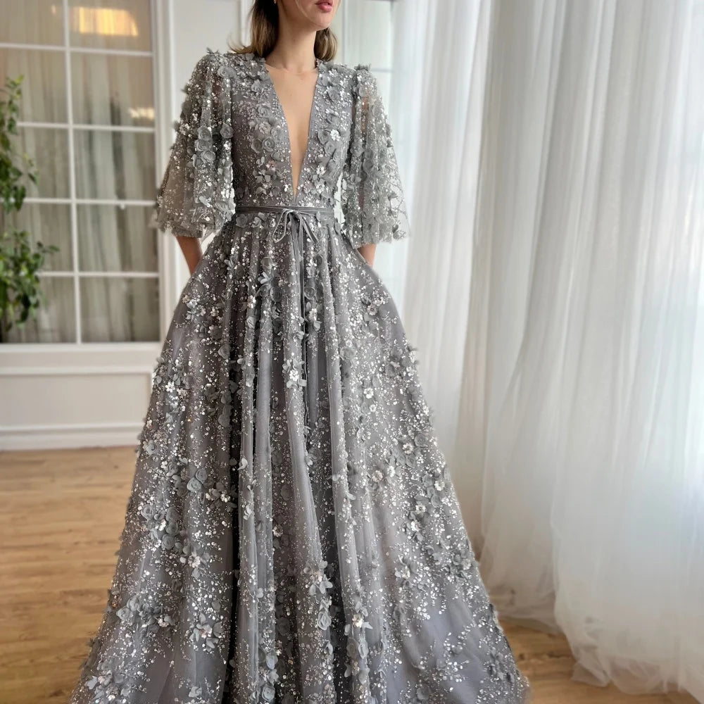 Customize Gray Sequins 3D Flowers Lace robes de soirée V Neck Sash Prom Dresses Floor-Length Short Sleeves Wedding Dress