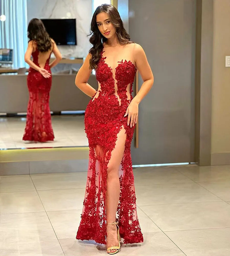 Red Lace Applique Evening Dresses Fashion Sexy Off Shoulder Sleeveless High Slit Slimming Simple Mopping Prom Gowns For Women