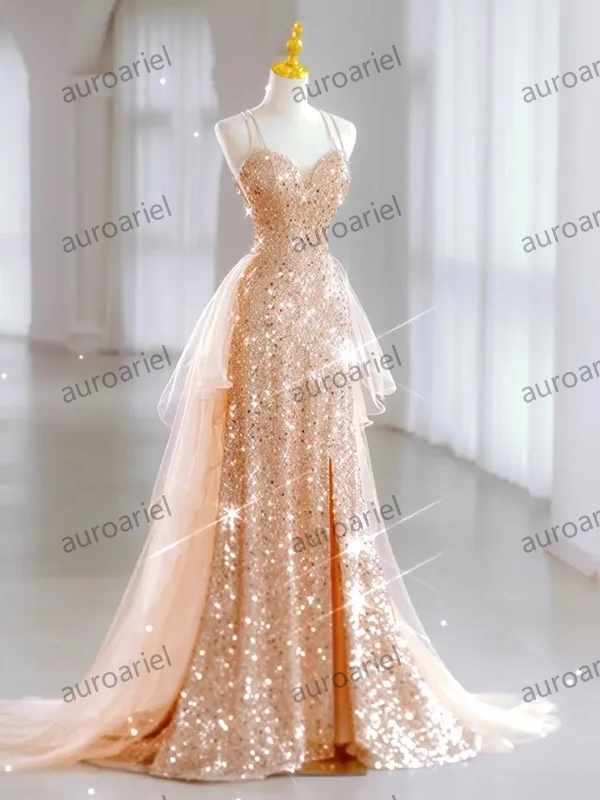 Sequined Elegant Wedding Party Dresses Slim Waist Sling Prom Dress Luxury Shinny Mesh