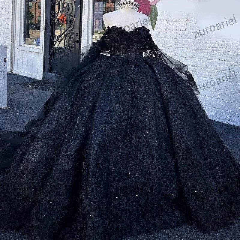 Black Ball Gown 15 Year Old Quinceanera Dresses Glitter Tulle 3D Appliques