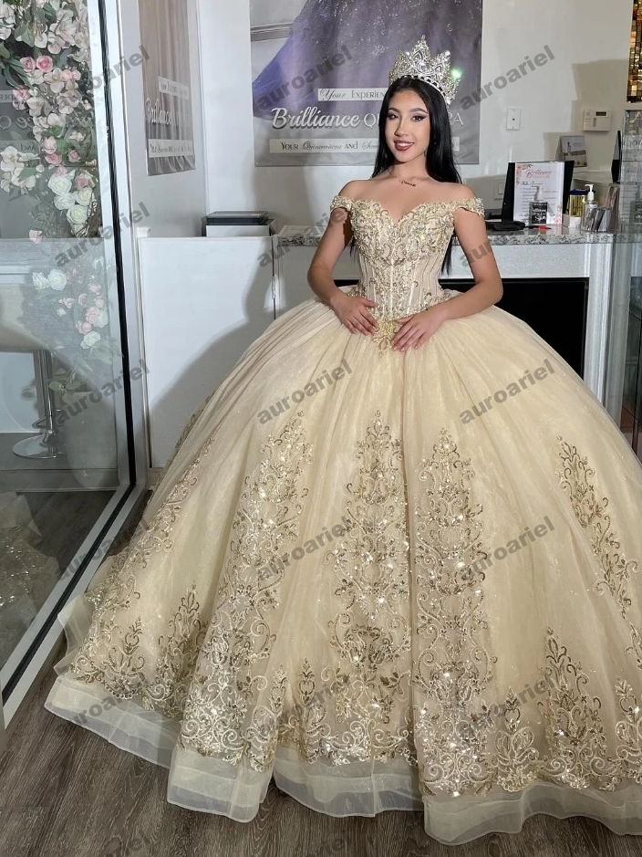Champagne Quinnceanera Dress Ball Gown Gold Lace Applique Beading Corset Sweet 16