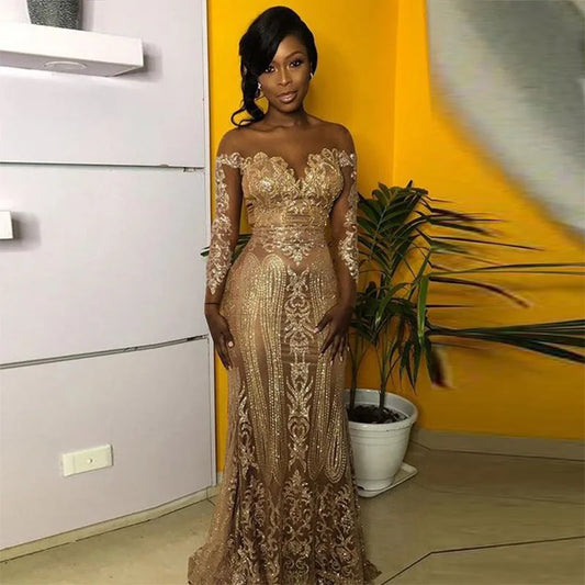 Sparkly Gold Lace Prom Dresses Black Girls Sheer Neck Long Sleeves Mermaid Evening Gowns African Formal Occasion Party Dress