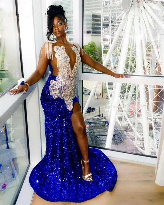 Royal Blue Long Prom Dress For Black Girls Mermaid Sequined Beaded Crystals Birthday Party Dresses Evening Gown Customized