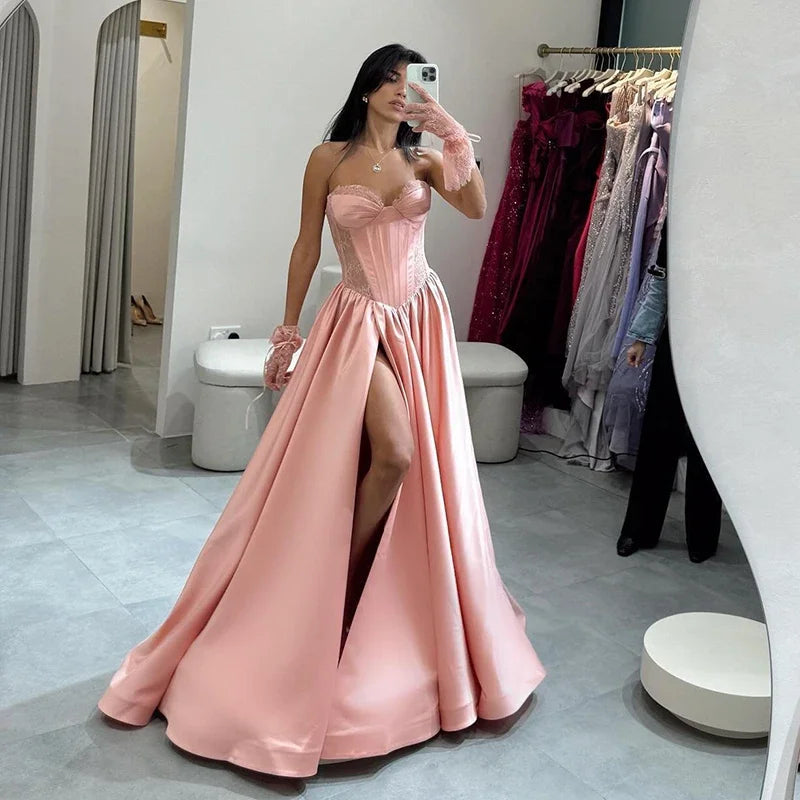 Pink Sweetheart Lace Ball Evening Dress Sexy A-line Party Dress Formal Cocktail Party Ball Dress Customized