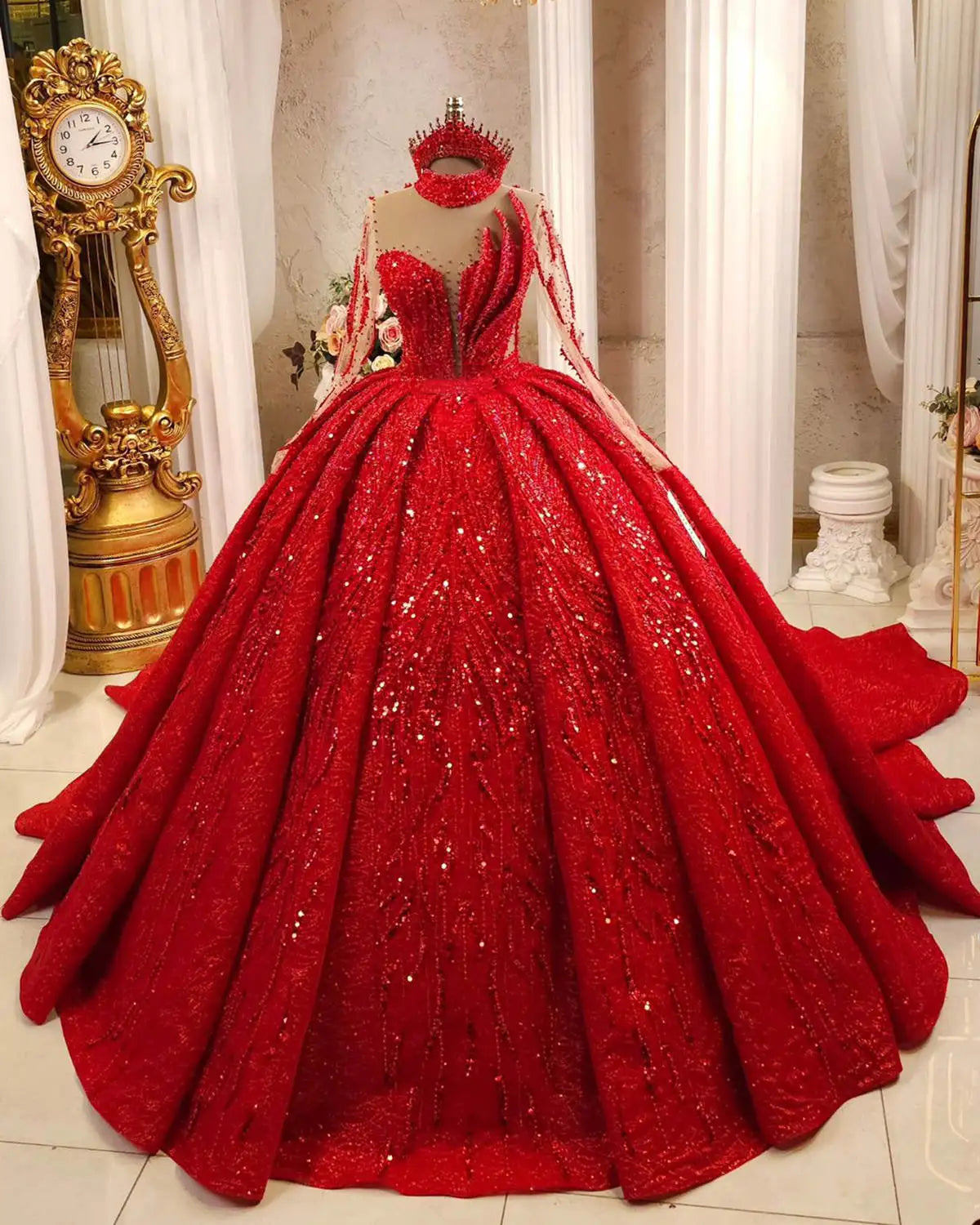 Red Ball Gown Wedding Dresses Beaded Crystals Pearls Lace Bridal Gowns Big Size Sweep Train Vestidos De Novia Colour Customized