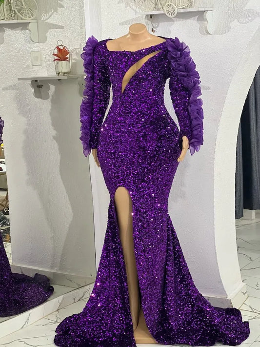 Purple African American Prom Dresses Mermaid Long Sleeves Sequins Slit Black Girls Nigeria Robe De Soiree Evening Dress Gown