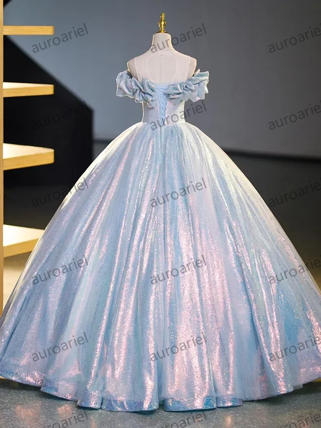 Customized Style Boat Collar Shoulder Strapless Wedding Party Dress Slim Waist Sequined Luxury Shinny Prom