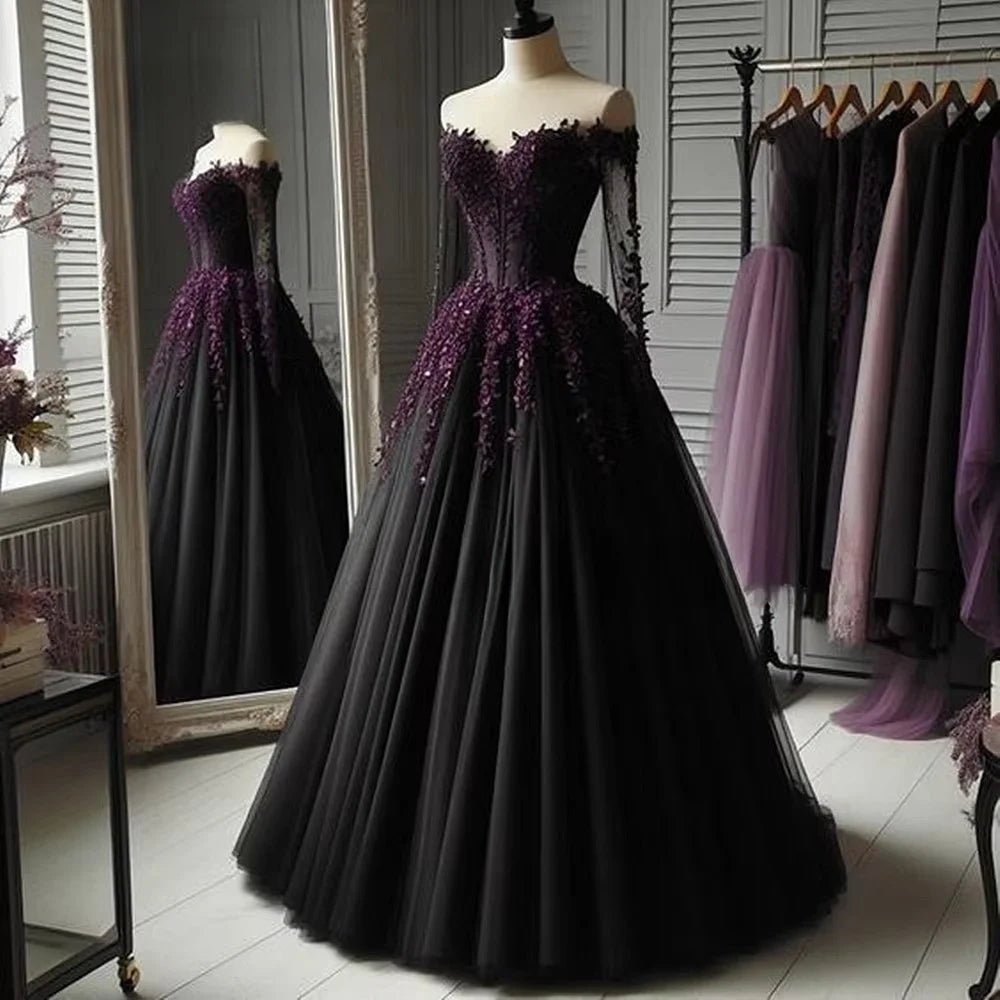 Custom Gothic A Line Black Wedding Dresses Off Shoulder Long Sleeves Pleats Tulle Bridal Gown Grape Lace Appliques Corset Robe