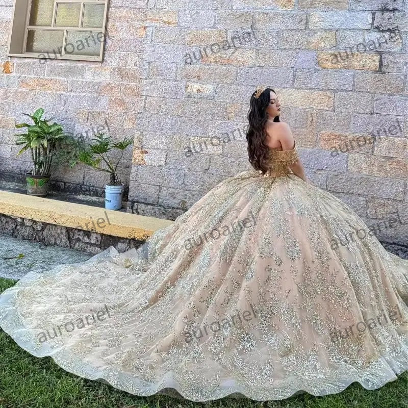 Champagne Shiny Ball Gown Quinceanera Dresses Sequin Gold Appliques Lace