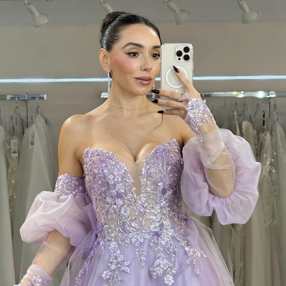Customize Purple Flowers Embroidery Pearls robes de soirée Puff Sleeve Prom Dresses Mesh Fabric A-line Wedding Dress 2025