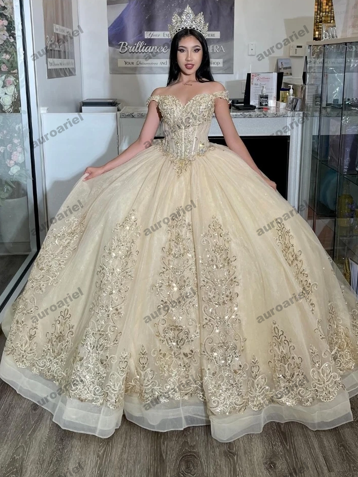 Champagne Quinnceanera Dress Ball Gown Gold Lace Applique Beading Corset Sweet 16