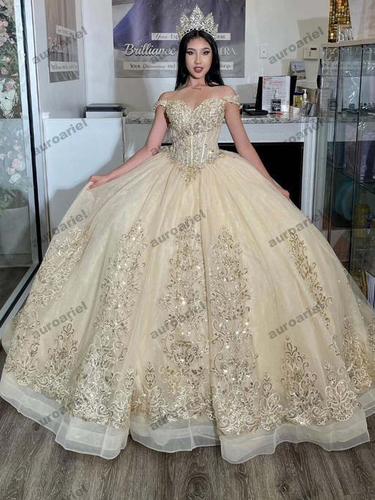 Champagne Quinnceanera Dress Ball Gown Gold Lace Applique Beading Corset Sweet 16