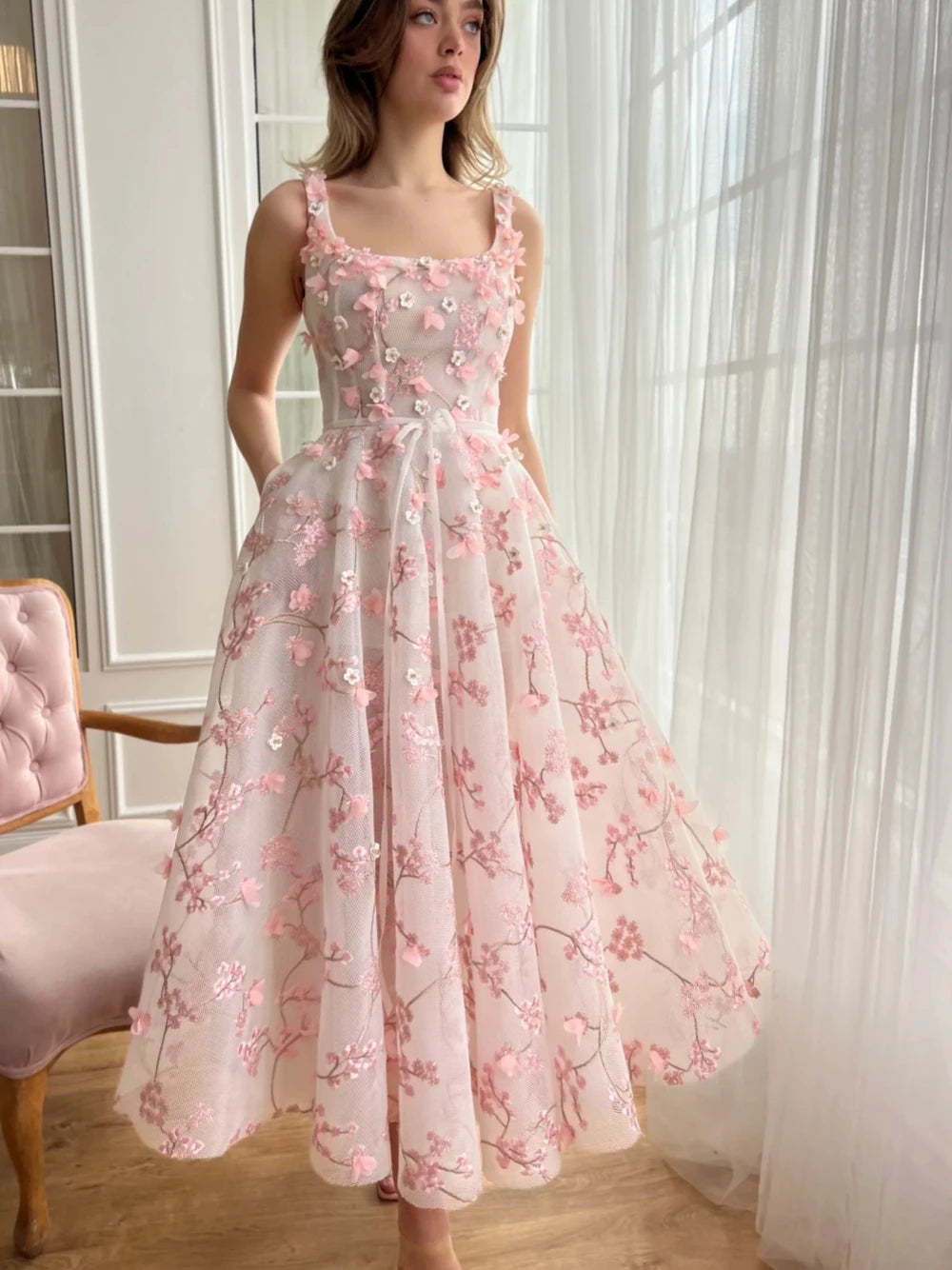 Elegant Pastel Blooms Midi-length A Line Evening Dress Women Party Prom Dress Charming Customized Special Occasion Cocktail Gown