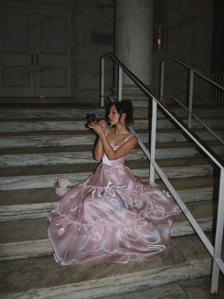 Sexy A Line Square Neckline Satin Pink Long Prom Dresses Party Dress