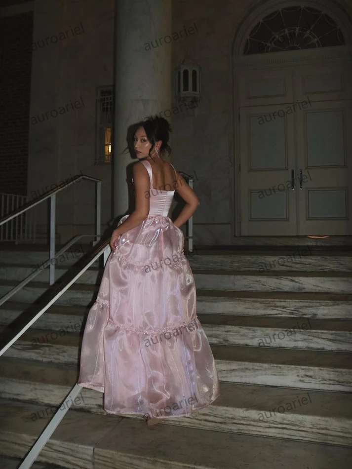 Sexy A Line Square Neckline Satin Pink Long Prom Dresses Party Dress
