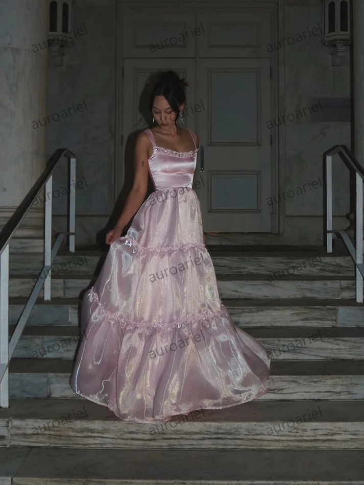 Sexy A Line Square Neckline Satin Pink Long Prom Dresses Party Dress