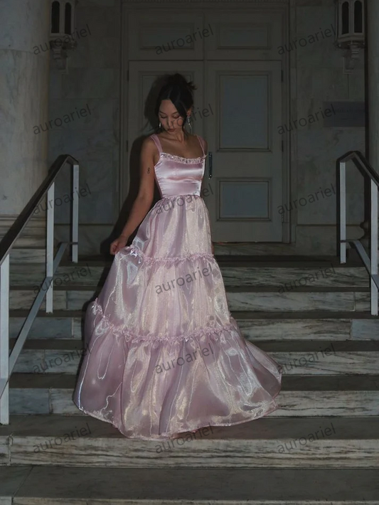Sexy A Line Square Neckline Satin Pink Long Prom Dresses Party Dress
