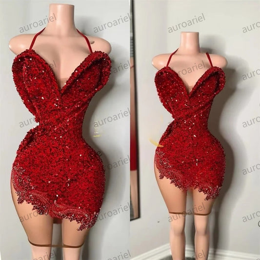 Burgundy Sequin Prom Dresses Short Bead Crystal Rhinestone Birthday Dress Luxury