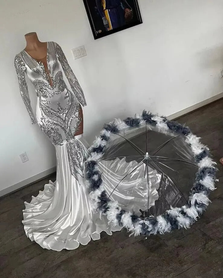 Silver African Mermaid Prom Reception Dress for Women Sparkly Sequins Applique Long sleeve Evening Birthday Gown Black Girl