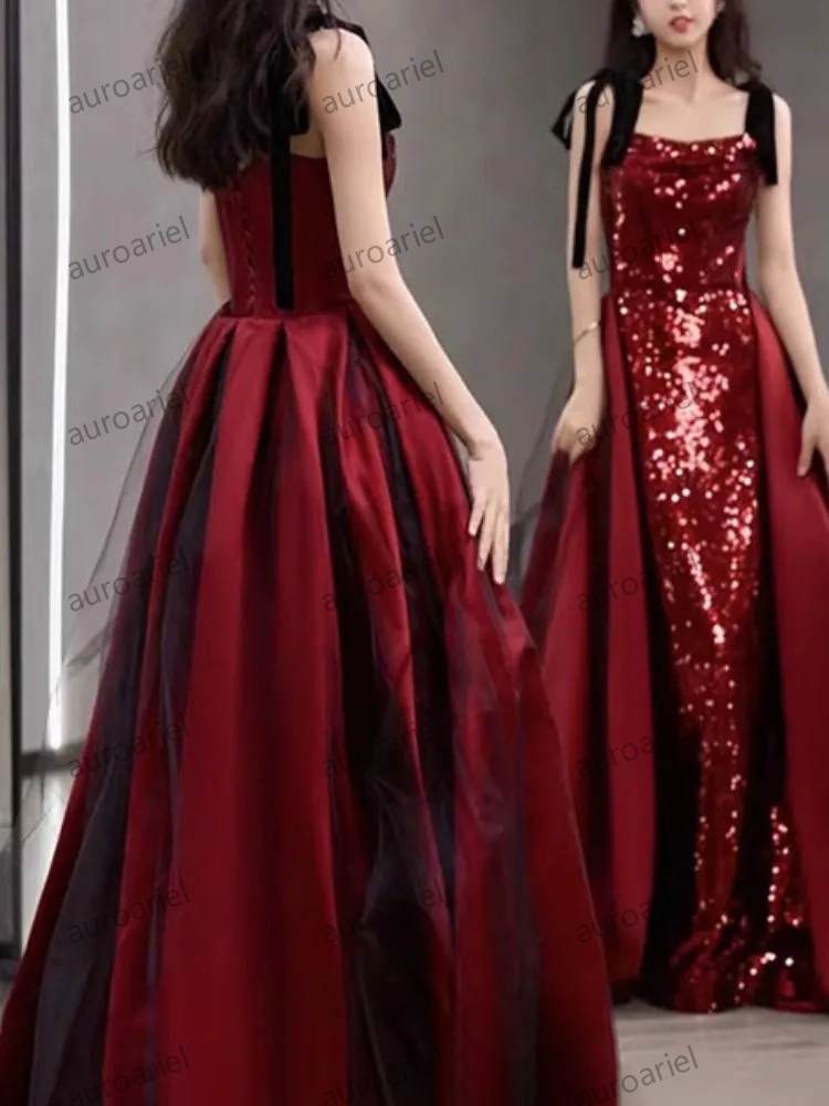 Customized Wine Red Temperament Sling Wedding Party Dresses Slim Waist Sequin
