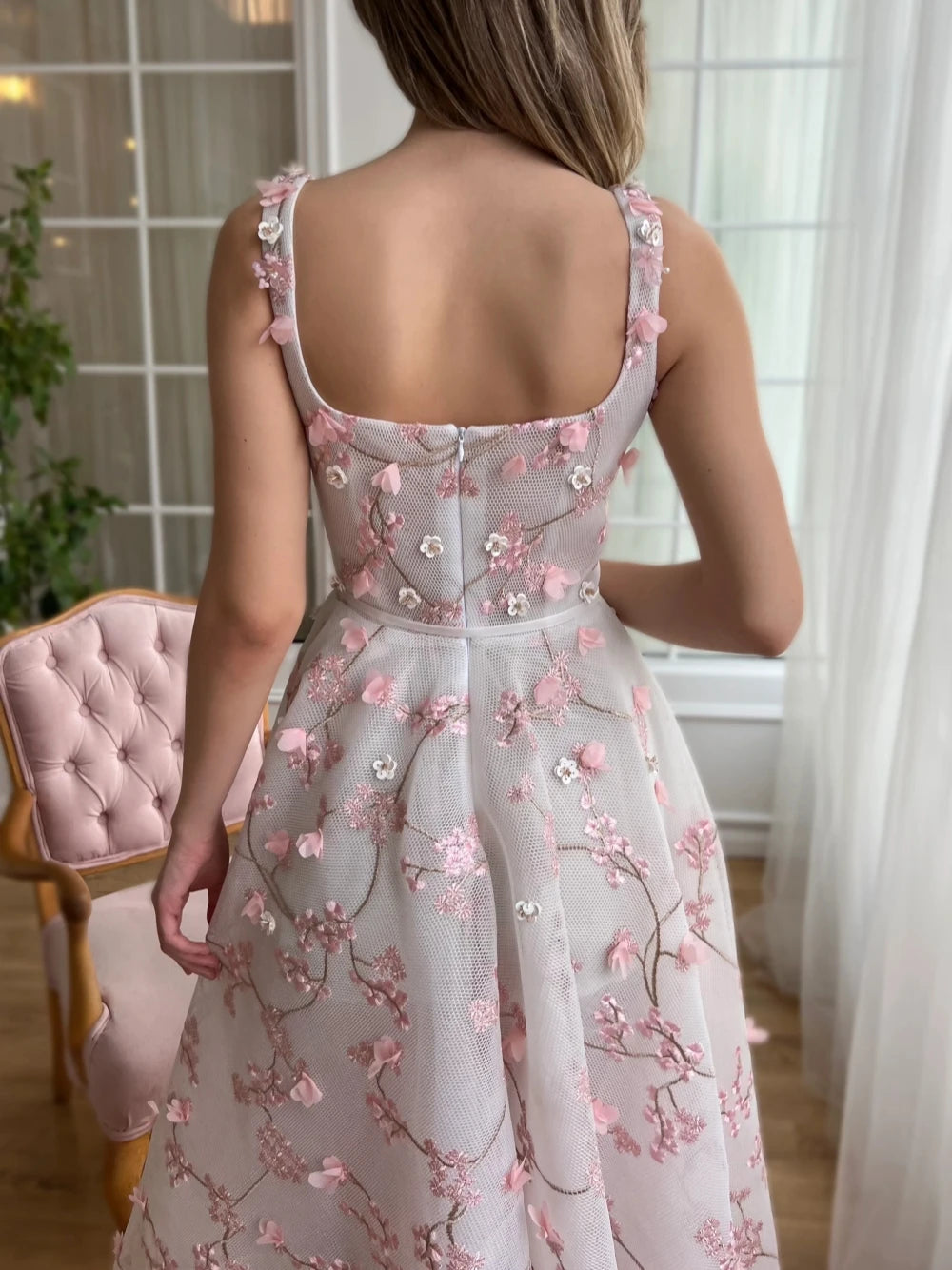 Elegant Pastel Blooms Midi-length A Line Evening Dress Women Party Prom Dress Charming Customized Special Occasion Cocktail Gown
