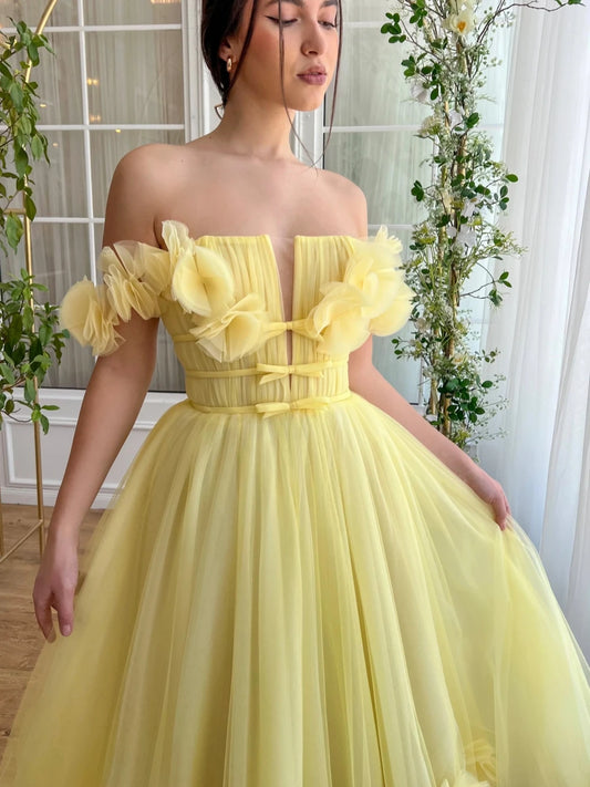 Elegant Yellow Midi-length A Line Evening Dress Off the Shoulder Party Prom Charming Customized Special Occasion Cocktail Gown