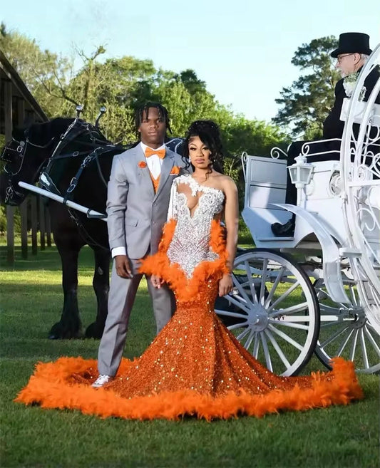 Glitter Orange Mermaid Prom Dresses 2025 Crystal Beading Sequins Gown Birthday Party Gown For Black Girls Customized
