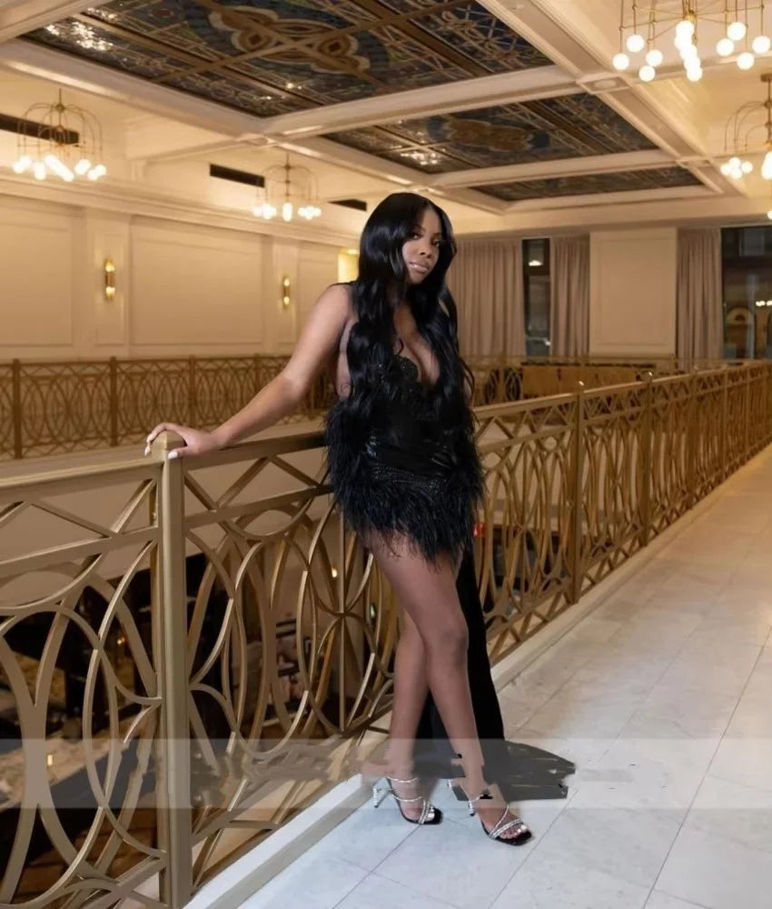 Charming Black Lace Short Prom Dresses 2025 Sexy Sheer Neck Homecoming Robes Feathers Birthday Evening Gowns