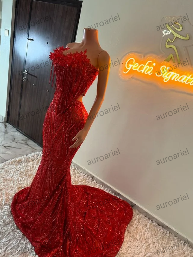 Customized Red Long Prom Dresses Black Girls Beaded Crystal Birthday Party Gowns Mermaid Evening GownsRed Sheath Long Prom Dres
