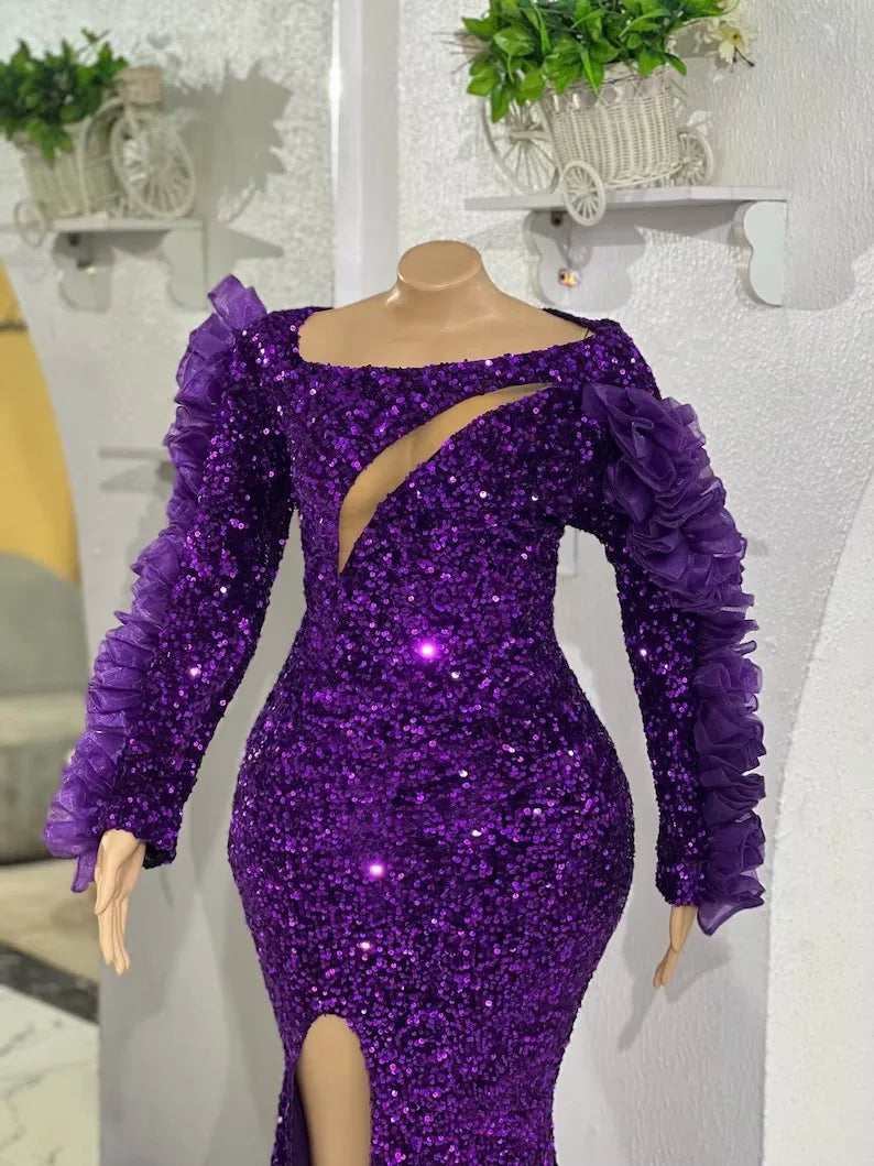 Purple African American Prom Dresses Mermaid Long Sleeves Sequins Slit Black Girls Nigeria Robe De Soiree Evening Dress Gown