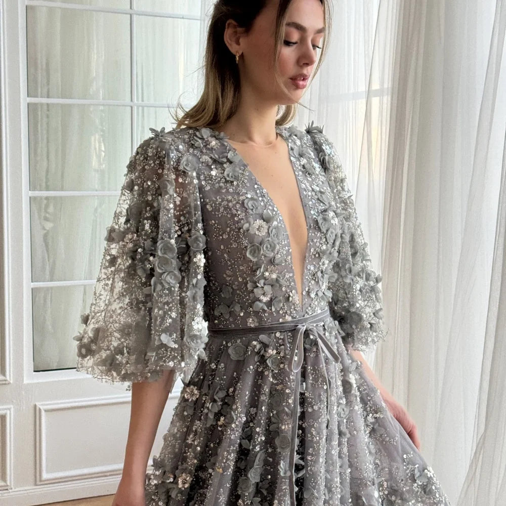 Customize Gray Sequins 3D Flowers Lace robes de soirée V Neck Sash Prom Dresses Floor-Length Short Sleeves Wedding Dress