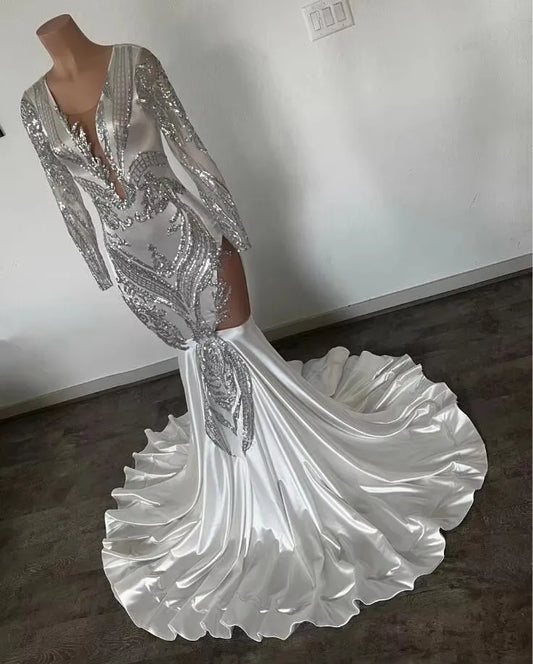 Silver African Mermaid Prom Reception Dress for Women Sparkly Sequins Applique Long sleeve Evening Birthday Gown Black Girl