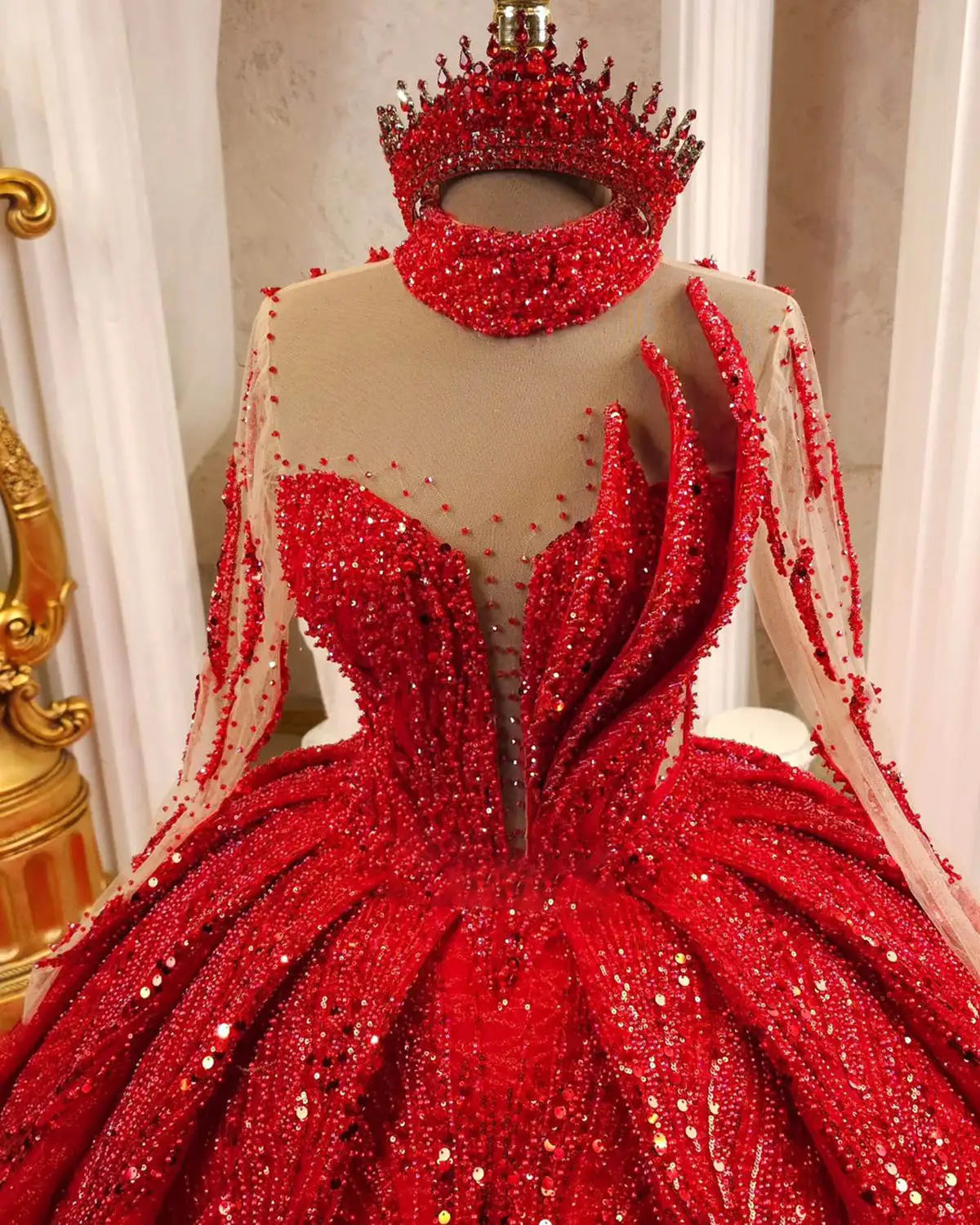 Red Ball Gown Wedding Dresses Beaded Crystals Pearls Lace Bridal Gowns Big Size Sweep Train Vestidos De Novia Colour Customized