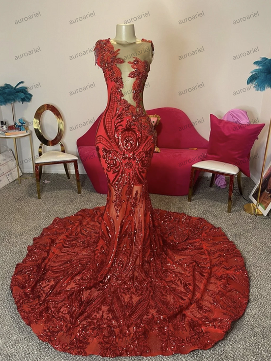 Sparkly Red Sequined Lace Prom Dress Black Girls Mermaid Beads Crystal Formal Occasion Graduation Dress Evening Party Gala Gown
