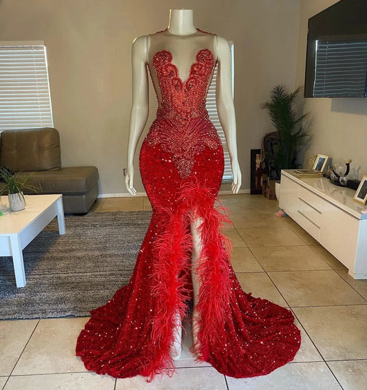 Slit Red African American Long Prom Dresses For Black Girls Sparkly Sequins Feather Crystals Women Party Evening Gown Customized