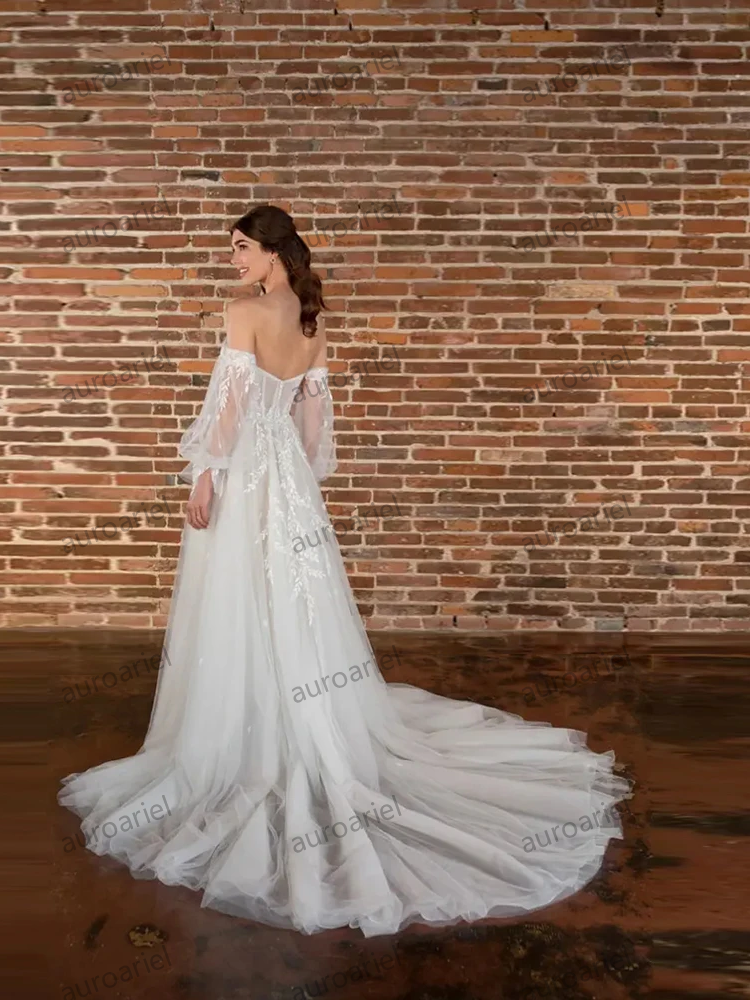 Elegant Sweetheart Wedding Dresses For Woman Puffy Full Sleeves Side Silt Bridal Gowns Soft Tulles