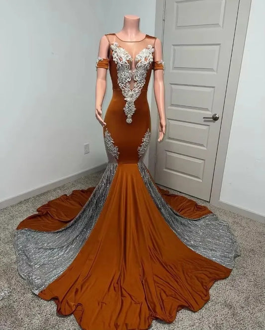 Brown Silver Evening Reception Dresses Off Shoulder Sparkly Gillter Applique Trumpet Prom Queen Gown vestido feminino Customize