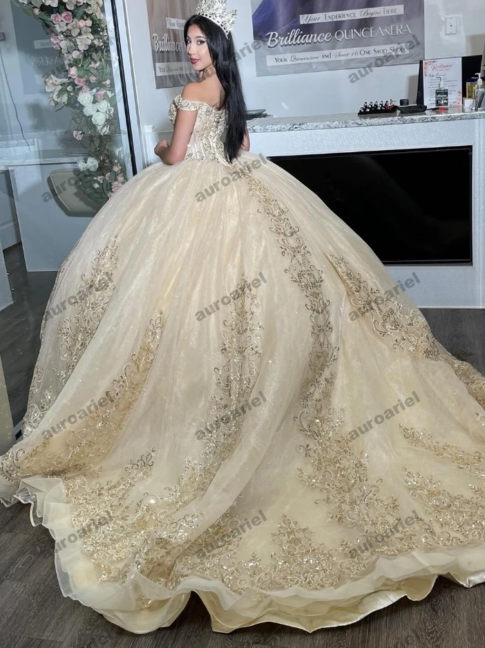 Champagne Quinnceanera Dress Ball Gown Gold Lace Applique Beading Corset Sweet 16