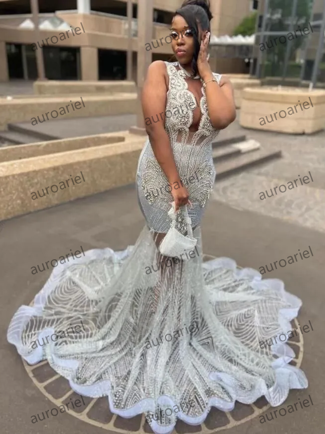Sparkly Silver Diamond Long Evening Party Dress for Women Luxury Gillter Beaded Sheer Mesh Birthday Dresses