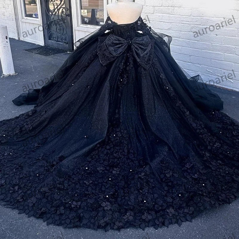Black Ball Gown 15 Year Old Quinceanera Dresses Glitter Tulle 3D Appliques